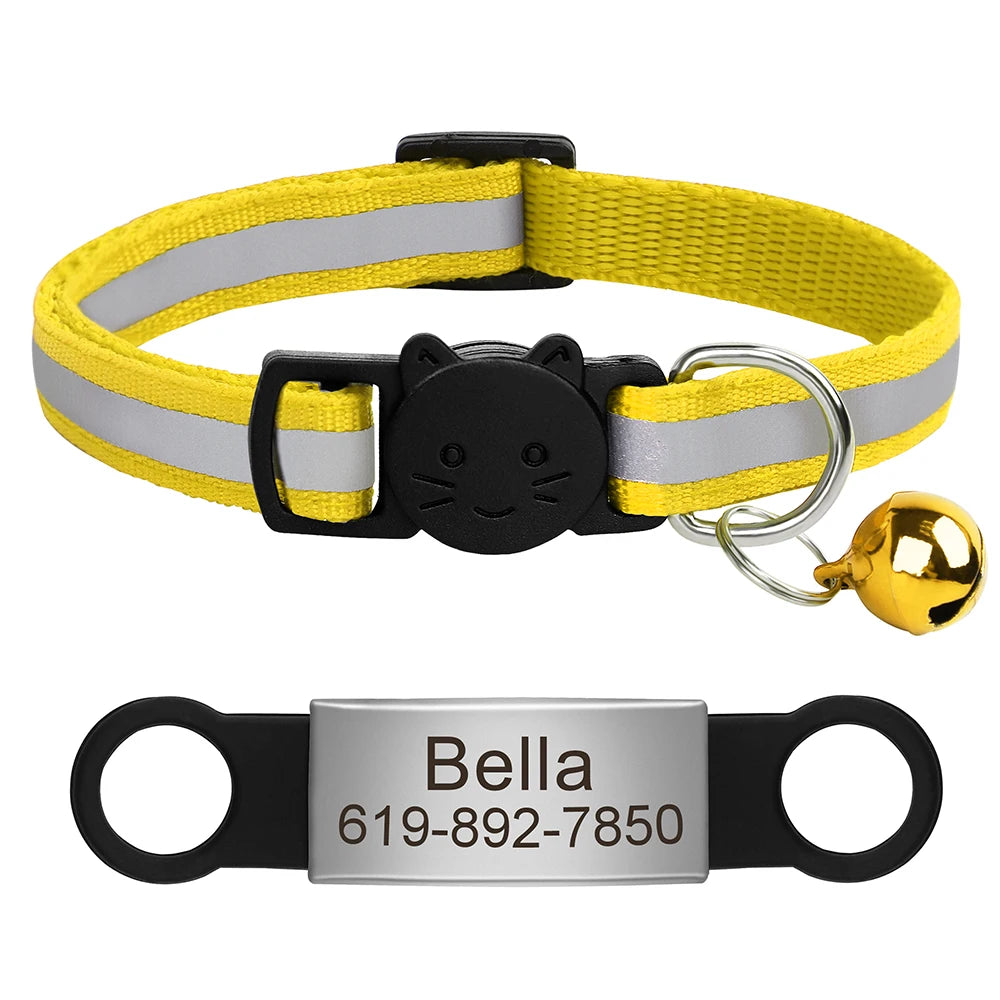 Personalized Reflective Cat Collar with Engraved ID Nameplate and Bell - Anti-Lost Solution for Cats and Kittens