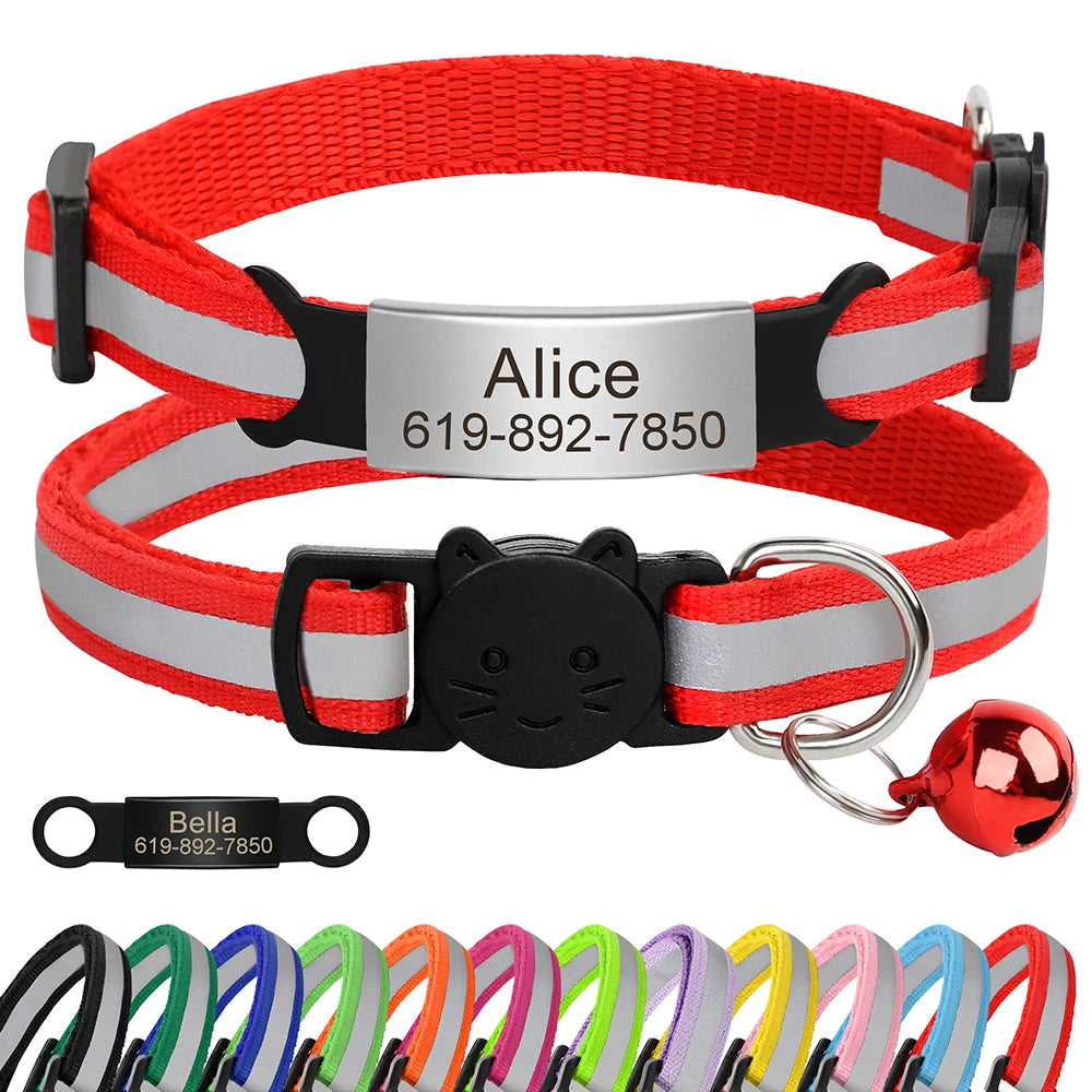 Personalized Reflective Cat Collar with Engraved ID Nameplate and Bell - Anti-Lost Solution for Cats and Kittens