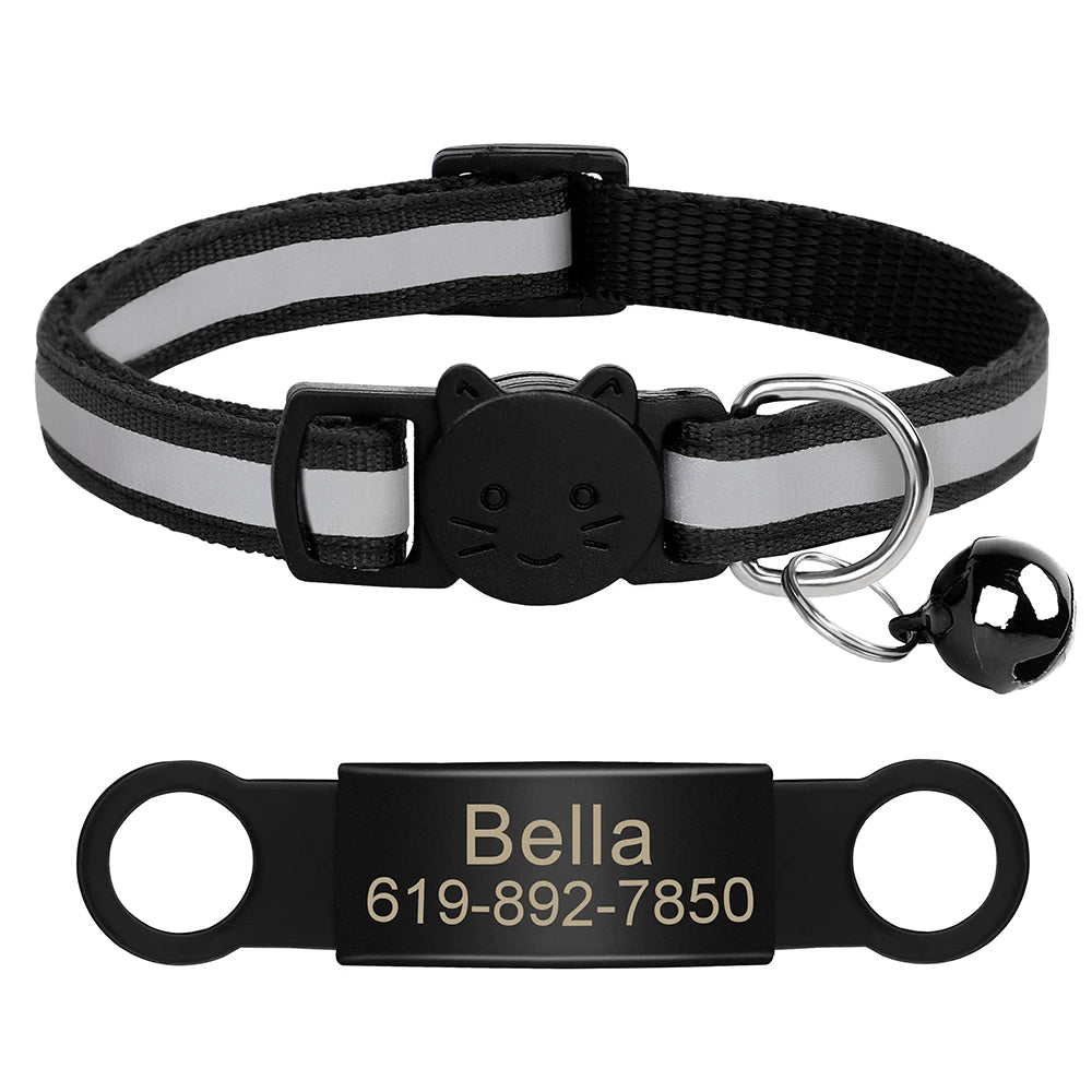 Personalized Reflective Cat Collar with Engraved ID Nameplate and Bell - Anti-Lost Solution for Cats and Kittens