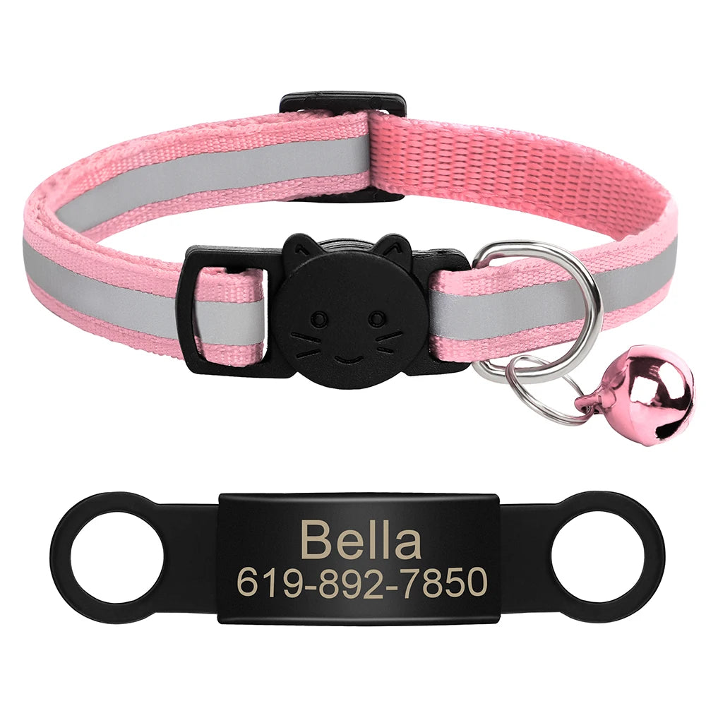Personalized Reflective Cat Collar with Engraved ID Nameplate and Bell - Anti-Lost Solution for Cats and Kittens