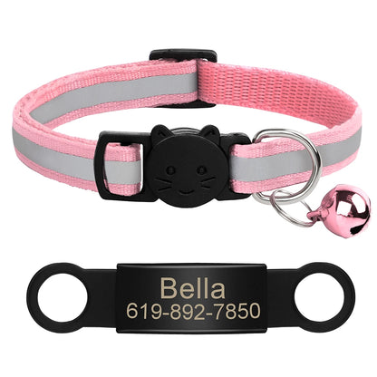 Personalized Reflective Cat Collar with Engraved ID Nameplate and Bell - Anti-Lost Solution for Cats and Kittens