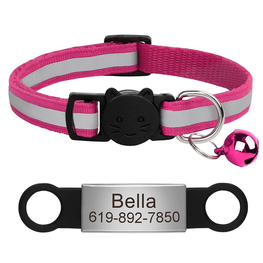 Personalized Reflective Cat Collar with Engraved ID Nameplate and Bell - Anti-Lost Solution for Cats and Kittens