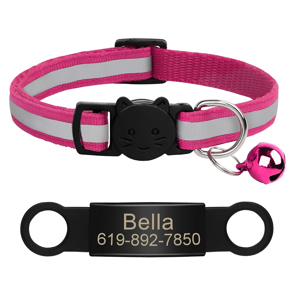 Personalized Reflective Cat Collar with Engraved ID Nameplate and Bell - Anti-Lost Solution for Cats and Kittens