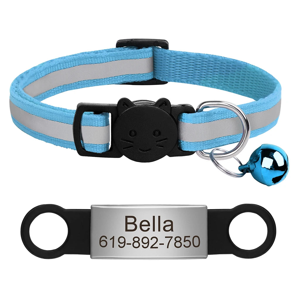 Personalized Reflective Cat Collar with Engraved ID Nameplate and Bell - Anti-Lost Solution for Cats and Kittens