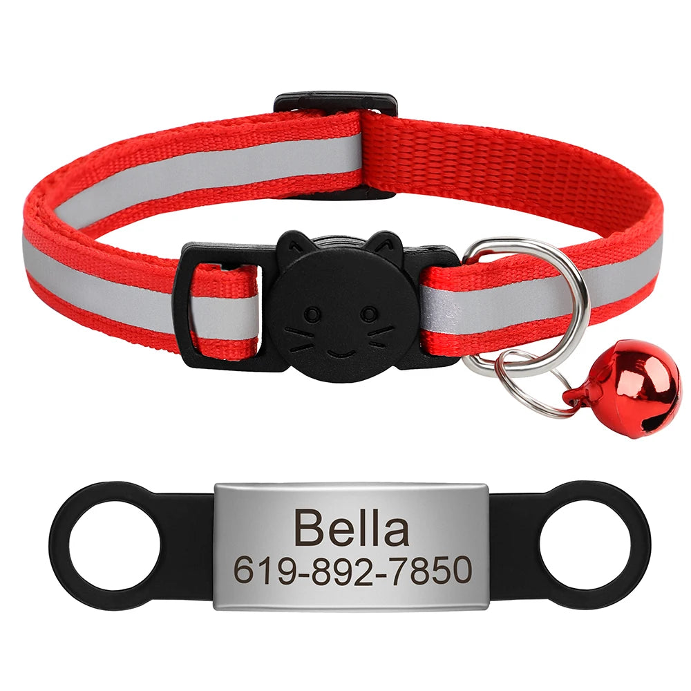 Personalized Reflective Cat Collar with Engraved ID Nameplate and Bell - Anti-Lost Solution for Cats and Kittens