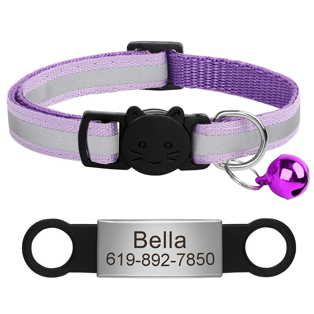 Personalized Reflective Cat Collar with Engraved ID Nameplate and Bell - Anti-Lost Solution for Cats and Kittens