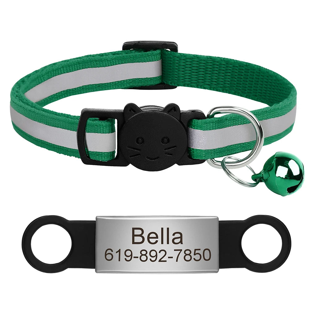 Personalized Reflective Cat Collar with Engraved ID Nameplate and Bell - Anti-Lost Solution for Cats and Kittens