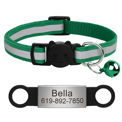 Personalized Reflective Cat Collar with Engraved ID Nameplate and Bell - Anti-Lost Solution for Cats and Kittens