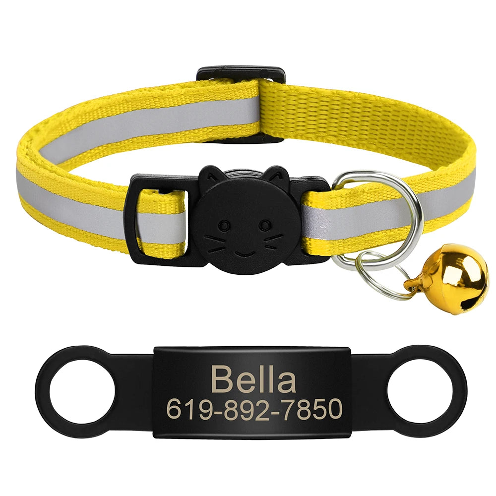 Personalized Reflective Cat Collar with Engraved ID Nameplate and Bell - Anti-Lost Solution for Cats and Kittens