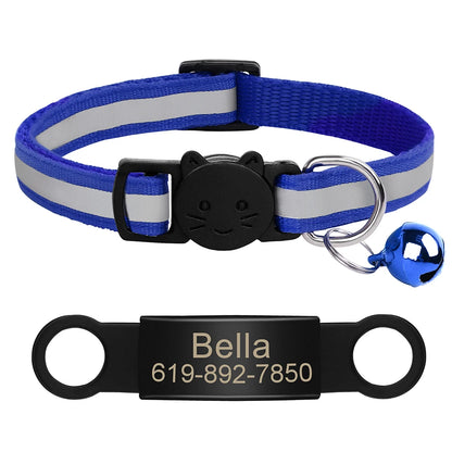 Personalized Reflective Cat Collar with Engraved ID Nameplate and Bell - Anti-Lost Solution for Cats and Kittens