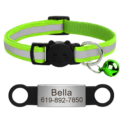 Personalized Reflective Cat Collar with Engraved ID Nameplate and Bell - Anti-Lost Solution for Cats and Kittens