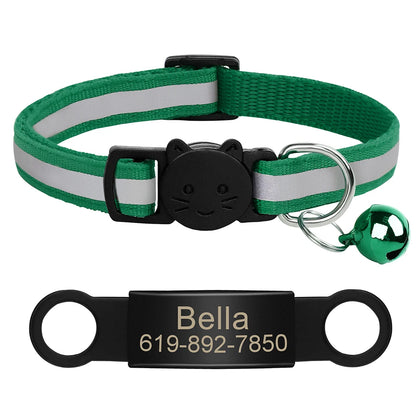 Personalized Reflective Cat Collar with Engraved ID Nameplate and Bell - Anti-Lost Solution for Cats and Kittens