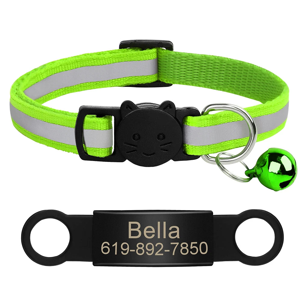Personalized Reflective Cat Collar with Engraved ID Nameplate and Bell - Anti-Lost Solution for Cats and Kittens