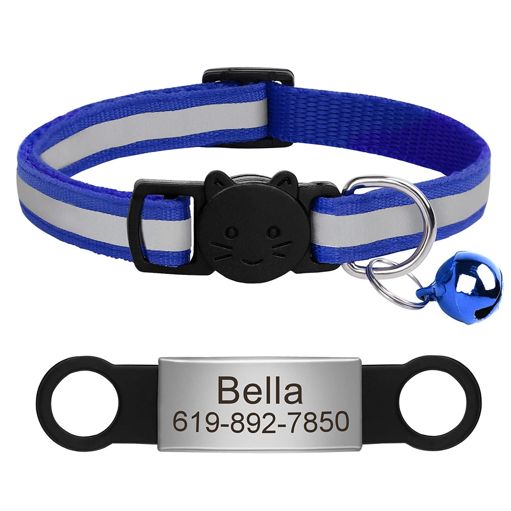 Personalized Reflective Cat Collar with Engraved ID Nameplate and Bell - Anti-Lost Solution for Cats and Kittens