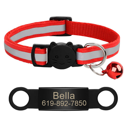 Personalized Reflective Cat Collar with Engraved ID Nameplate and Bell - Anti-Lost Solution for Cats and Kittens