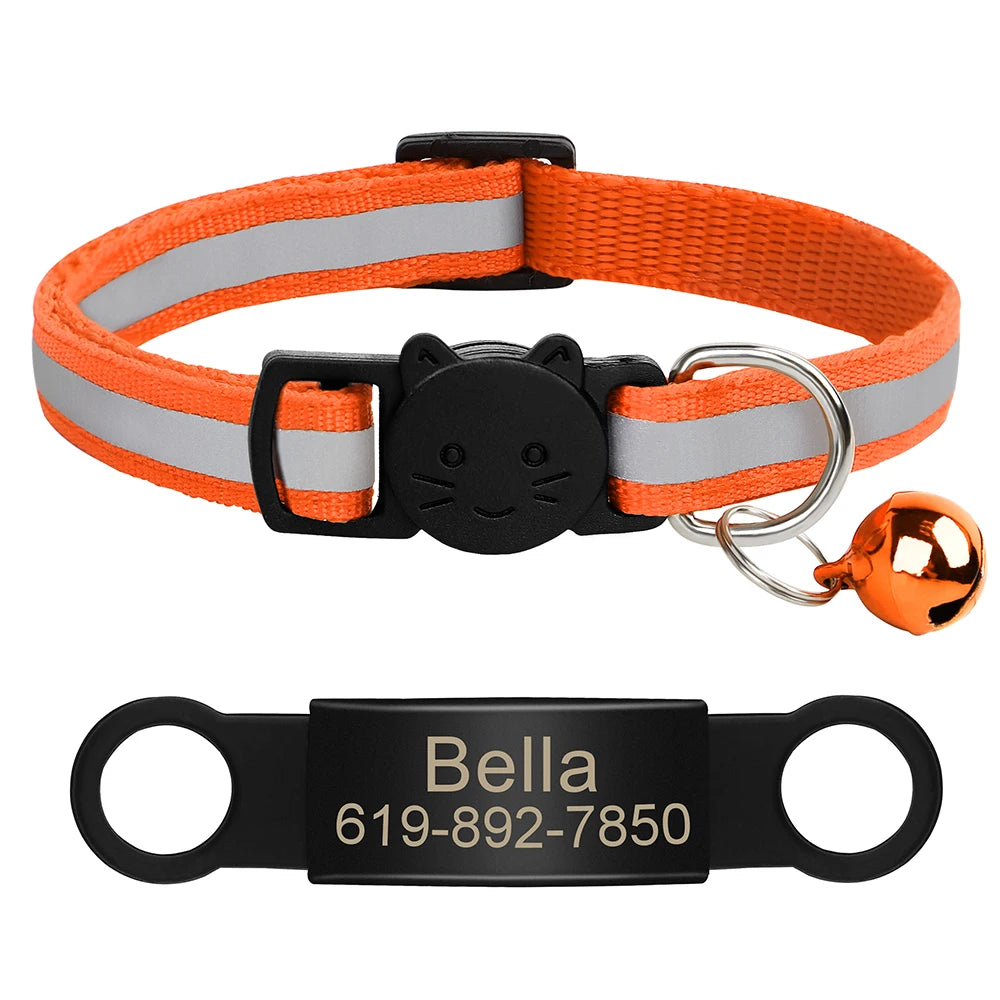 Personalized Reflective Cat Collar with Engraved ID Nameplate and Bell - Anti-Lost Solution for Cats and Kittens