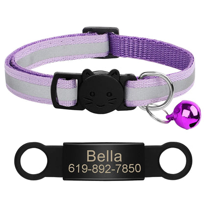 Personalized Reflective Cat Collar with Engraved ID Nameplate and Bell - Anti-Lost Solution for Cats and Kittens