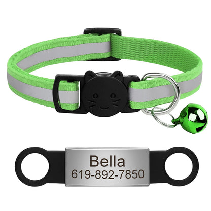 Personalized Reflective Cat Collar with Engraved ID Nameplate and Bell - Anti-Lost Solution for Cats and Kittens