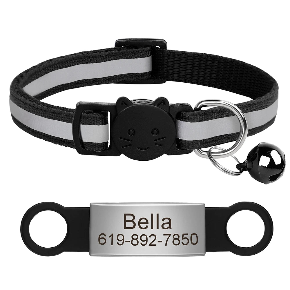 Personalized Reflective Cat Collar with Engraved ID Nameplate and Bell - Anti-Lost Solution for Cats and Kittens