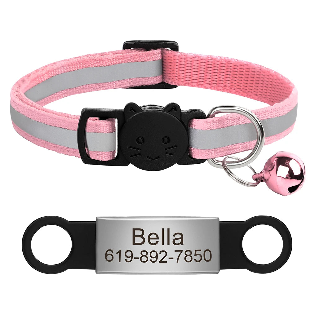 Personalized Reflective Cat Collar with Engraved ID Nameplate and Bell - Anti-Lost Solution for Cats and Kittens