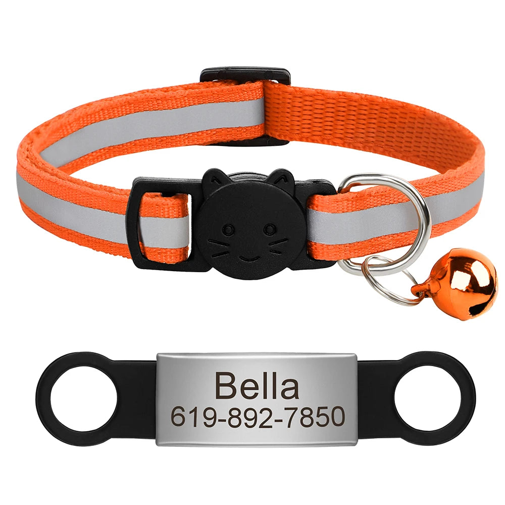 Personalized Reflective Cat Collar with Engraved ID Nameplate and Bell - Anti-Lost Solution for Cats and Kittens